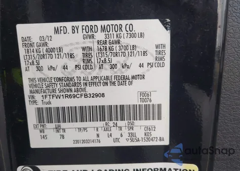 2012 Ford F-150 Svt Raptor из США, поврежденный, VIN 1FTFW1R69CFB32908